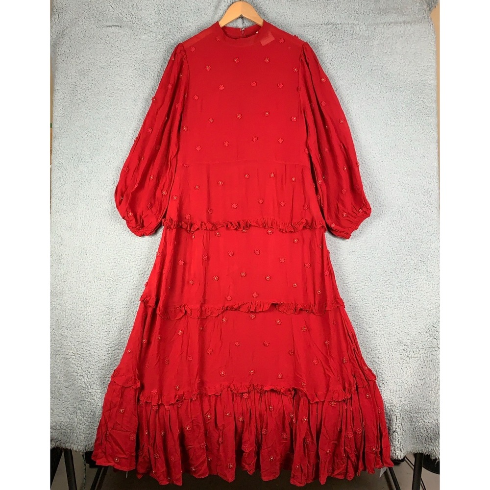 Farm Rio Maxi Dress Size XL Red Ruffle Long Sleeve Floral Appliqué Sheer Holiday - Picture 2 of 8